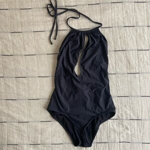 J.Crew Dark Grey Deep Cut Halter Top One Piece Swimsuit, Sz 10